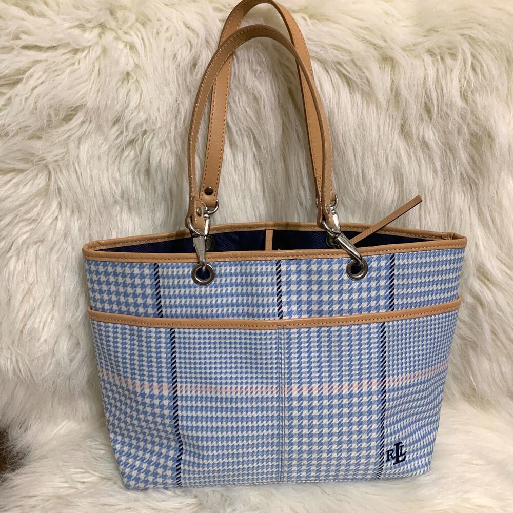 RALPH LAUREN Vintage Blue Plaid Canvas Small Tote